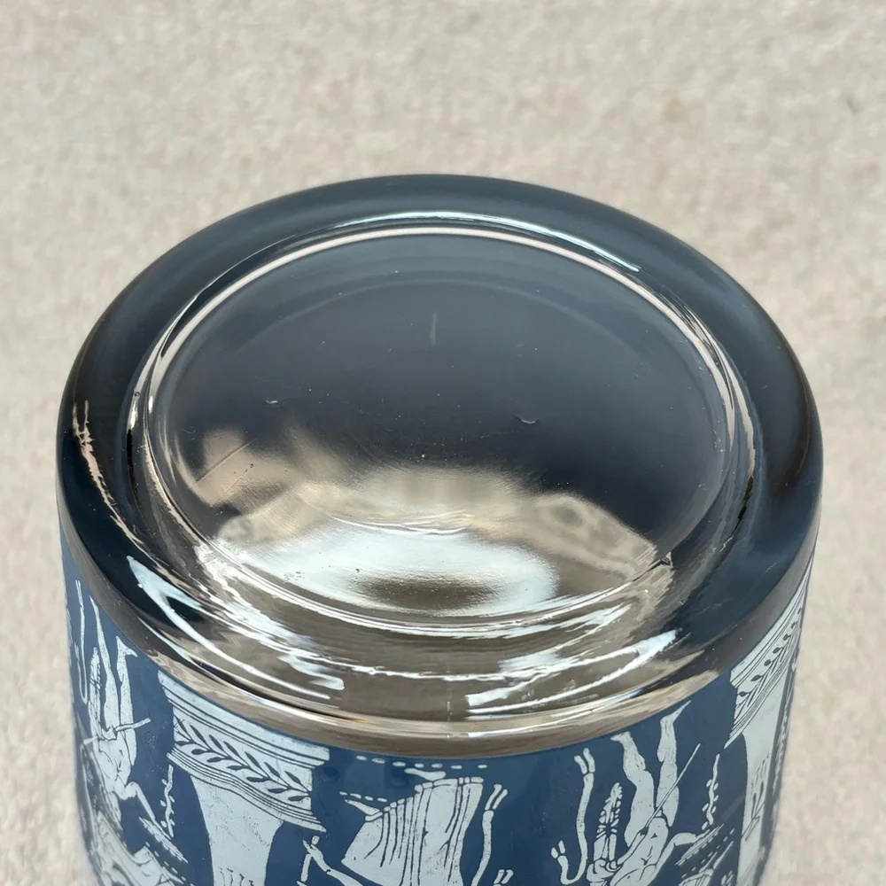 Vintage Jeanette Blue and White Wedgwood-Style Glass Ice Bucket with Brass Frame